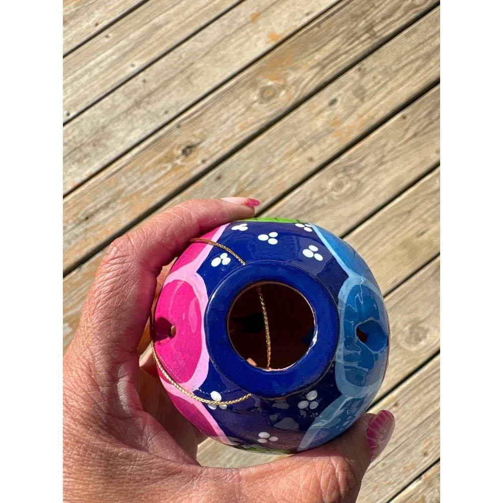 Hand Painted Talavera Style Ceramic Floral Sphere Hanging Ornament Blue Pink